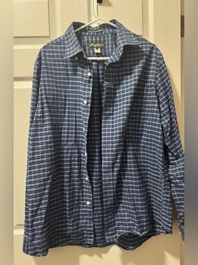 Eddie Bauer Men’s Navy and Light Blue Plaid Button-Down Shirt
